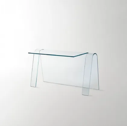 Scrittoio Folio ottenuto da un’unica lastra di cristallo trasparente extralight curvato di Glas Italia