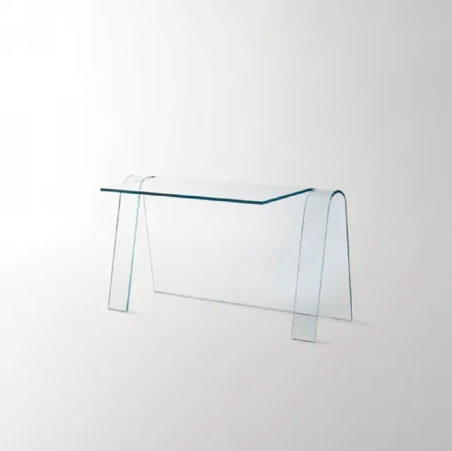 Scrittoio Folio ottenuto da un’unica lastra di cristallo trasparente extralight curvato di Glas Italia