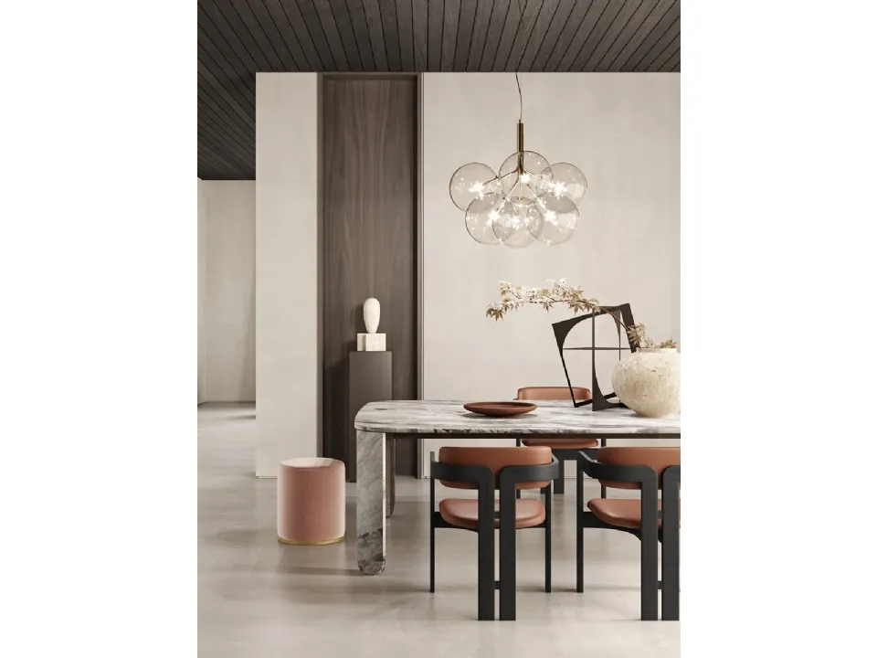 Lampada a sospensione Bolle Cielo in cristallo trasparente soffiato con parti metalliche in ottone brunito a mano di Gallotti&Radice