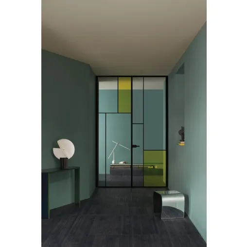 Porta per interni a battente Sherazade Double Swing Slim Jambs Patchwork in vetro con telaio in alluminio di Glas Italia