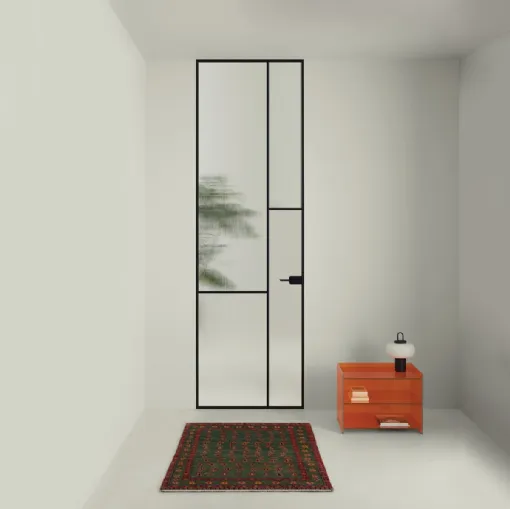 Porta per interni a filo muro Sherazade Swing Plain Patchwork in vetro con telaio in alluminio di Glas Italia