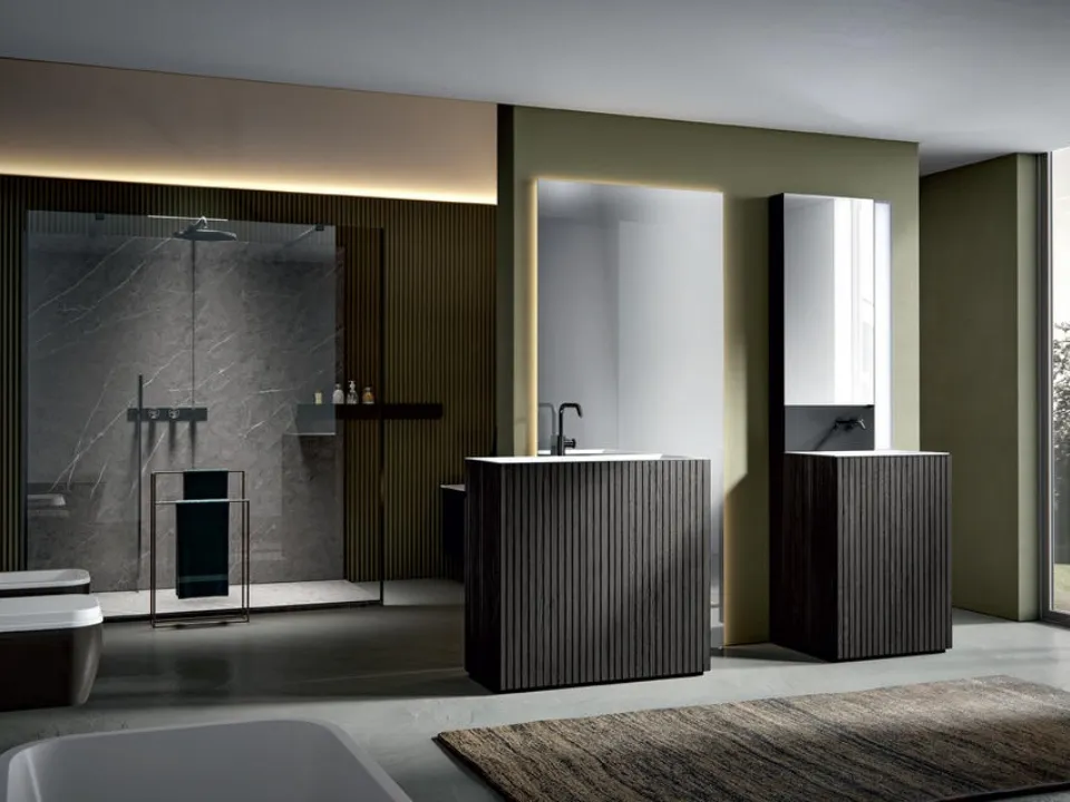 Mobile da Bagno a terra in Texture Veneziana Fuliggine con top integrato Chrono 38 3003 di Edoné