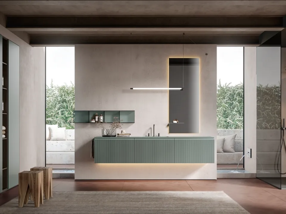 Mobile da Bagno sospeso Eros 03 in polimerico cannettato laccato lago di Edoné