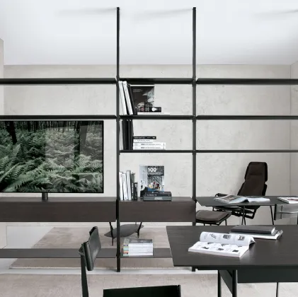 Libreria divisoria in HPL rovere e nero con struttura in alluminio System configurazione 54 di Extendo