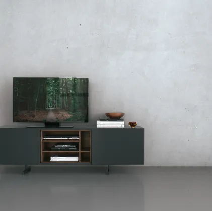 Mobile Porta Tv con frontali in vetro laccato antracite e contenitore interno in noce Monolith configurazione 04 di Extendo
