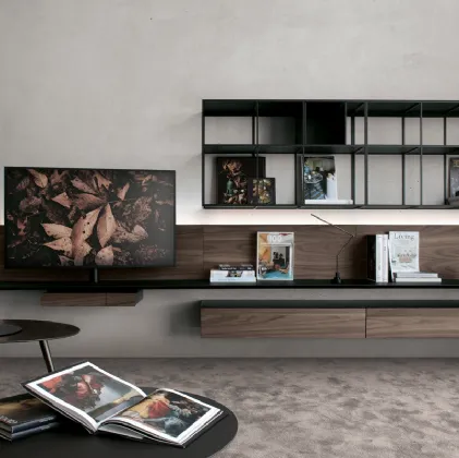 Parete Attrezzata in HPL effetto Noce con ripiani in acciaio Atelier configurazione 11 di Extendo