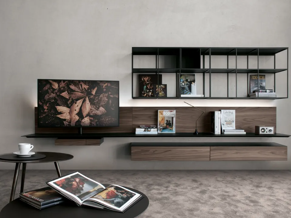 Parete Attrezzata in HPL effetto Noce con ripiani in acciaio Atelier configurazione 11 di Extendo
