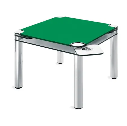 Tavolo da gioco in acciaio inox con piano in laminato rivestito con panno verde con bordi in pelle Poker di Zanotta