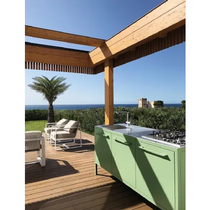 Cucina Moderna monoblocco adatta per esterni Frame Outdoor Sage Green in metallo con top in acciaio inox di Fantin