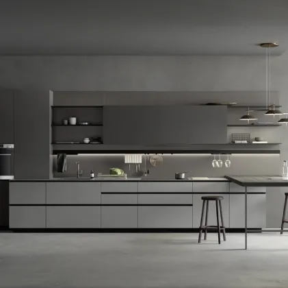 Cucina Moderna in Fenix Grigio con penisola in materico Larice Nero M2 Linea di Meson's Cucine