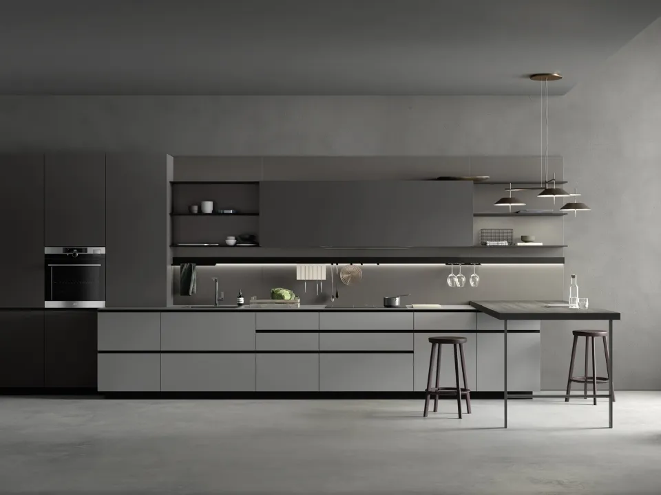 Cucina Moderna in Fenix Grigio con penisola in materico Larice Nero M2 Linea di Meson's Cucine