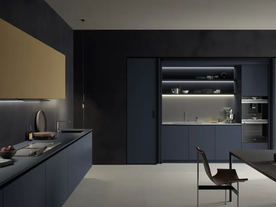 Cucina Moderna M2 Goccia in Fenix Blu e laccato Calce Zenzero di Meson's Cucine